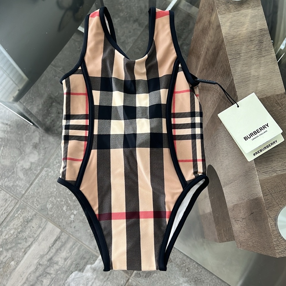 BURBERRY Kids Mini Nigella One Piece Swimsuit, Archive Beige Check, Size 12M NWT